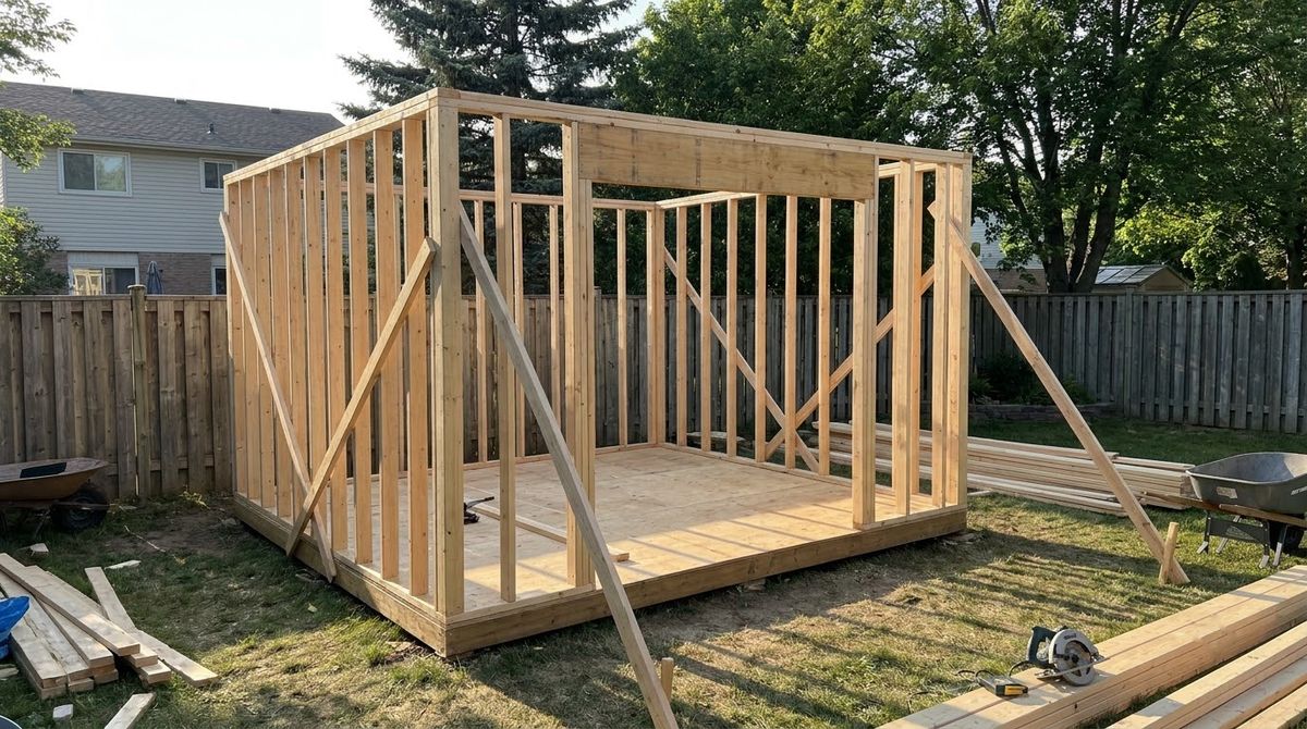 Shed wall framing with 2x4 studs, double top plate and door header on plywood floor