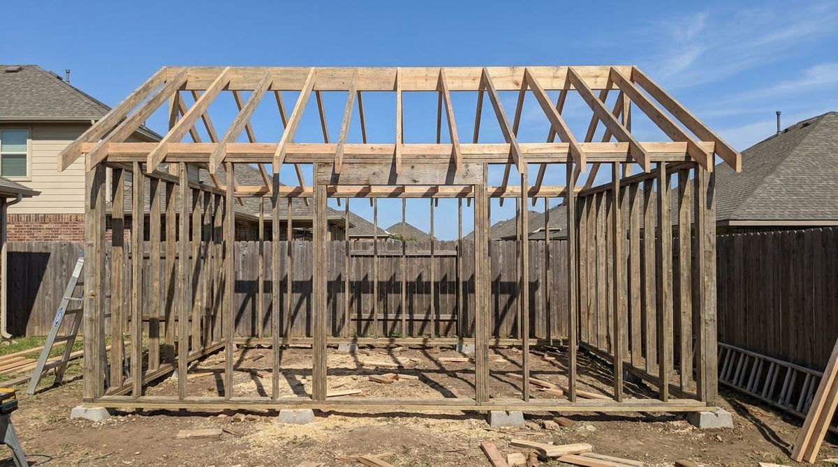 Gable shed roof framing with paired rafters on a ridge board and low rafter ties