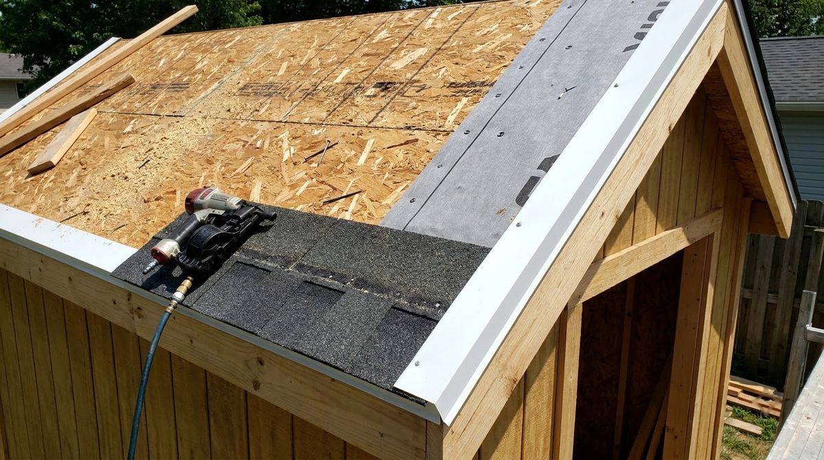 Shed roof getting underlayment, metal drip edge and asphalt shingles laid from the eave