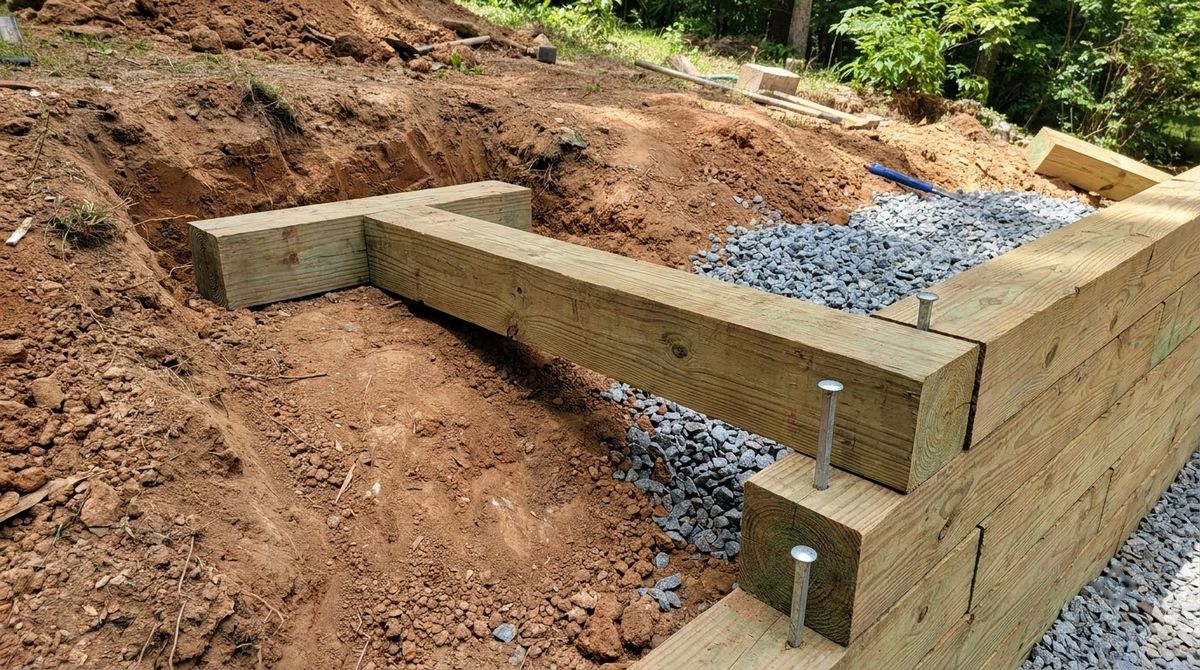 Timber deadman with cross plate running back into the hillside behind a wood retaining wall