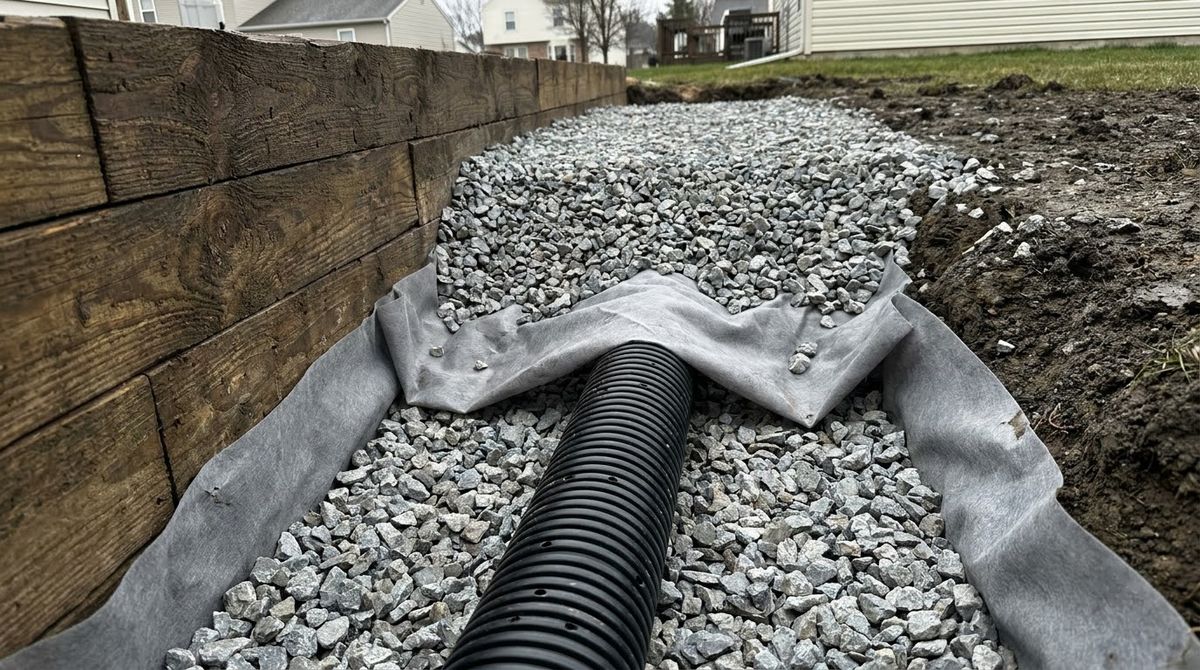 Perforated drain pipe and crushed stone wrapped in filter fabric behind a timber retaining wall
