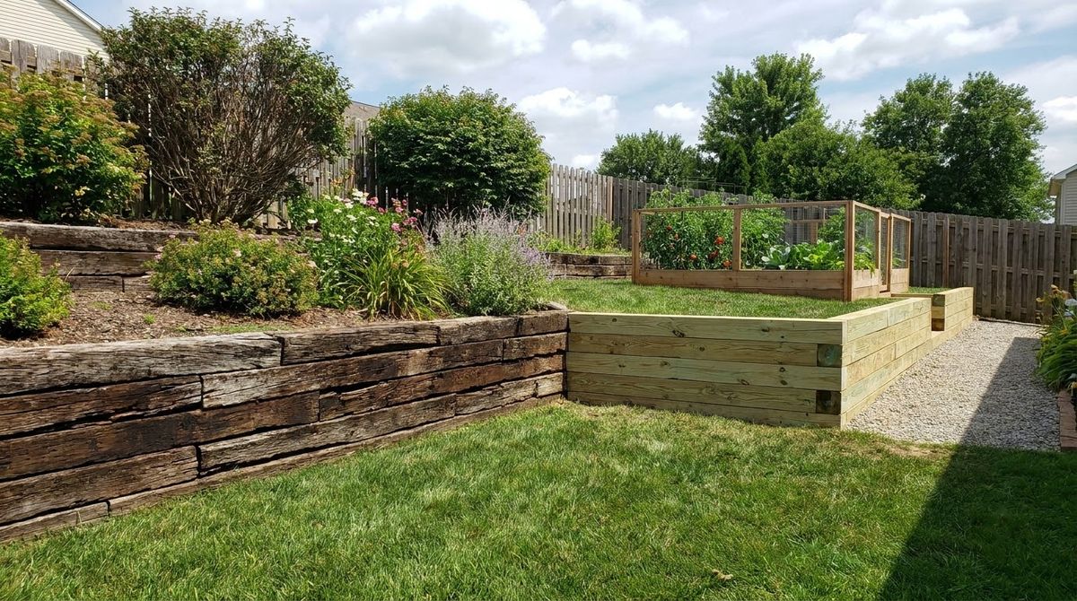 Old dark railroad tie wall beside a vegetable bed contrasted with new treated timber wall