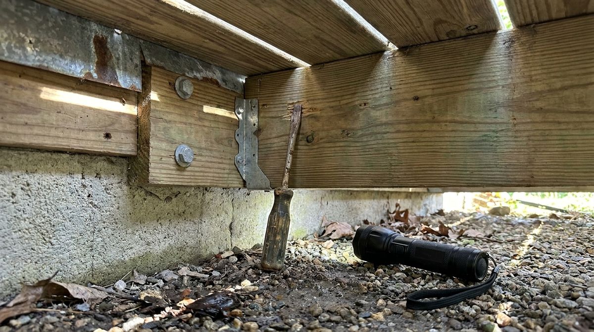 Screwdriver probing a wood deck ledger board and joist under a deck for soft rot