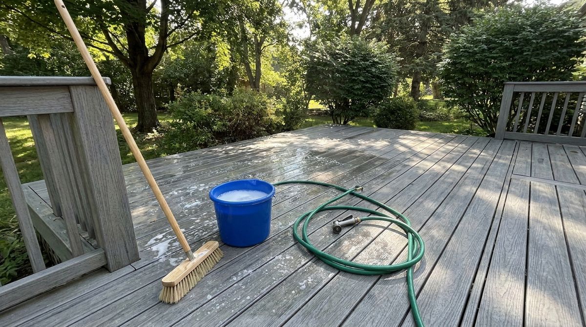 Long-handled nylon deck brush and soapy water on gray composite deck boards