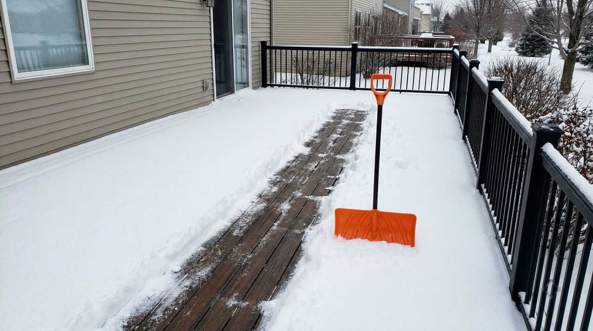All-plastic snow shovel clearing a path on a snowy composite deck