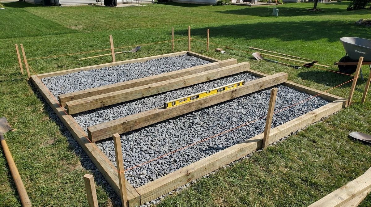 Compacted crushed gravel shed pad with three parallel pressure-treated 4x6 skids and stakes