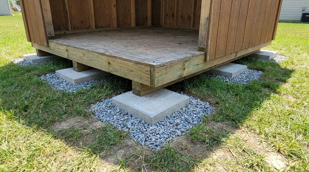 Solid concrete blocks set on gravel beds in rows under a treated shed floor frame