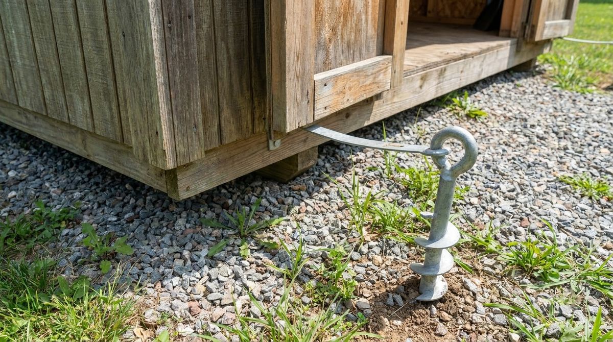 Steel screw auger ground anchor with strap tied to the corner of a shed