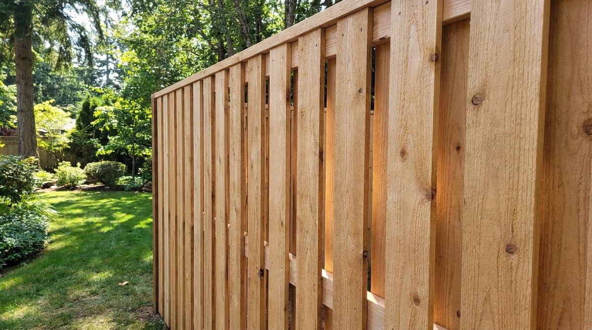 Close view of a cedar board on board fence showing back boards overlapping front-row gaps