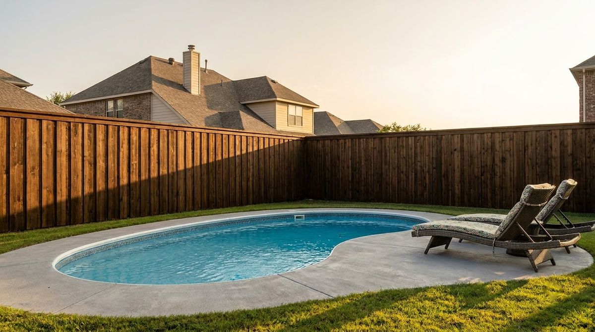 Six-foot board on board wood privacy fence enclosing a backyard pool and patio