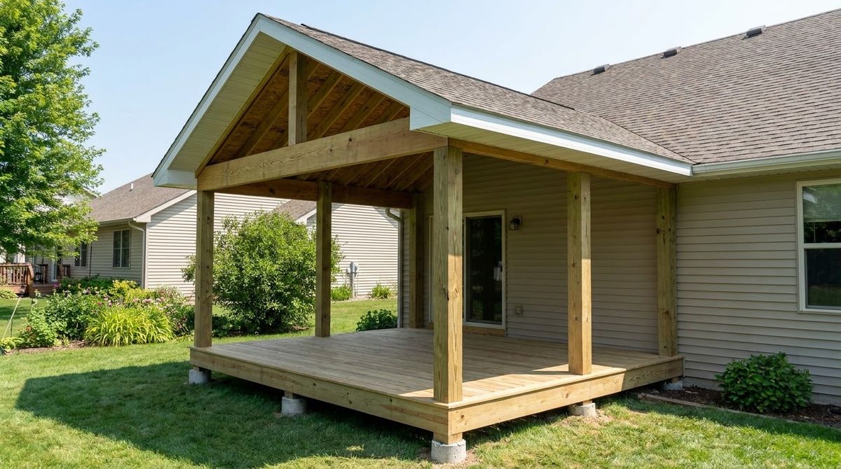 New gable roof framed over a backyard deck on posts, ready for screen walls
