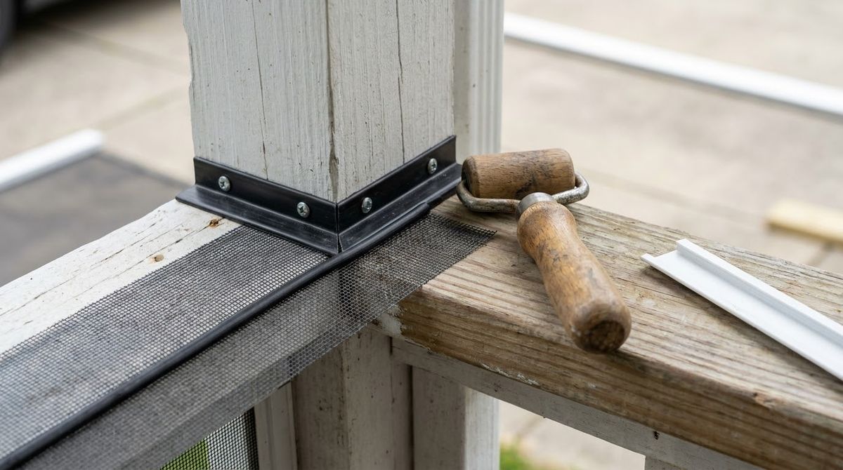 Black screen mesh rolled into a vinyl spline track base on a painted porch post