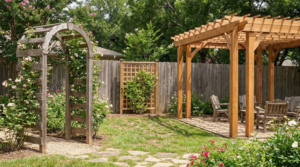 Narrow garden arbor beside a flat trellis panel and a freestanding wood pergola in one yard