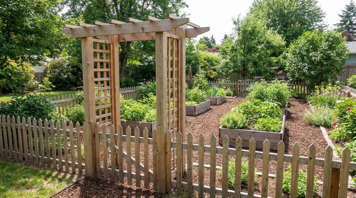 Wood arbor with gate framing the entry to a fenced vegetable garden