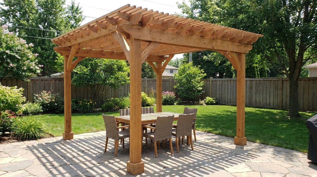 Twelve by twelve foot cedar pergola shading a six-seat dining table on a paver patio