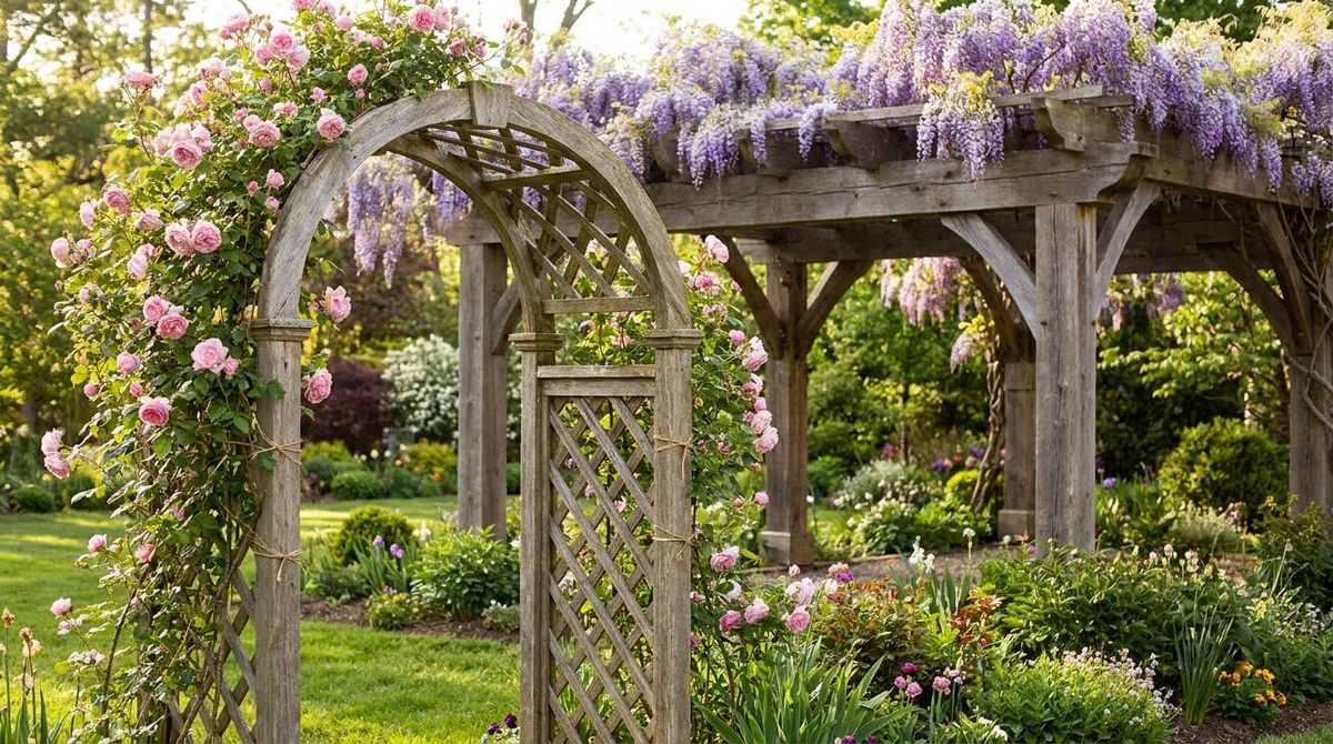 Climbing roses tied to a wood arbor while wisteria covers a sturdy pergola behind