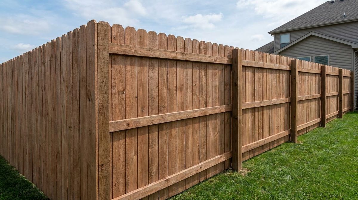Dog-ear cedar privacy fence with clipped board tops along a backyard lawn