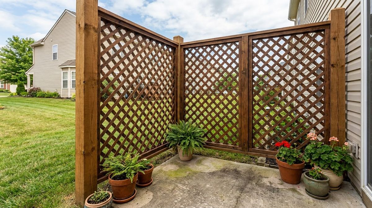 Framed wood lattice privacy panels between 4x4 posts beside a backyard patio