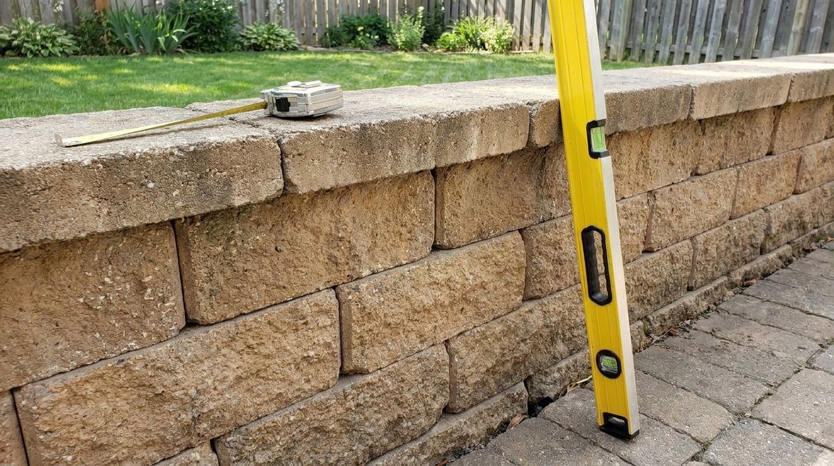 Four-foot level held against a block retaining wall showing a gap at the bottom
