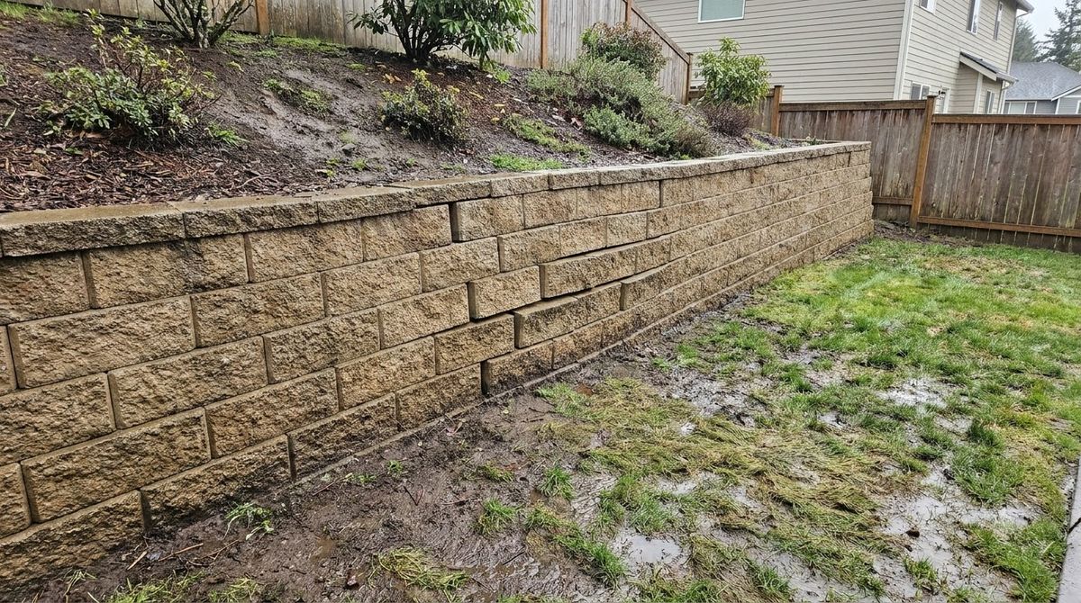 Segmental block retaining wall bulging outward at mid-height with uneven block courses
