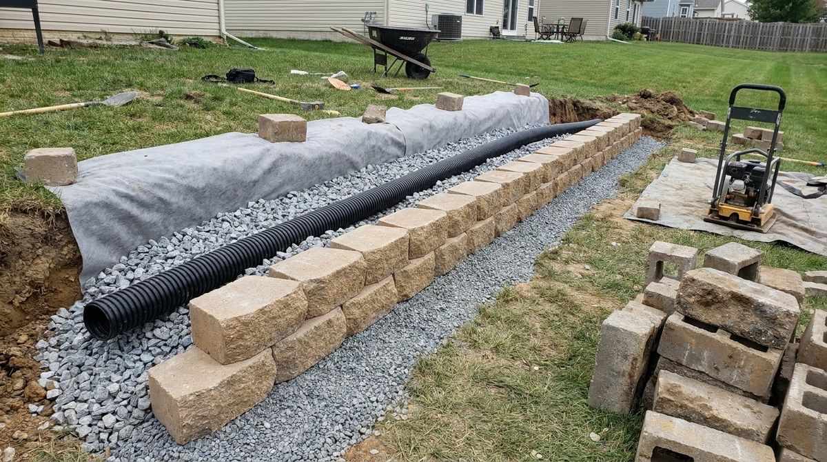Rebuilt block retaining wall with perforated drain pipe and gravel backfill behind it