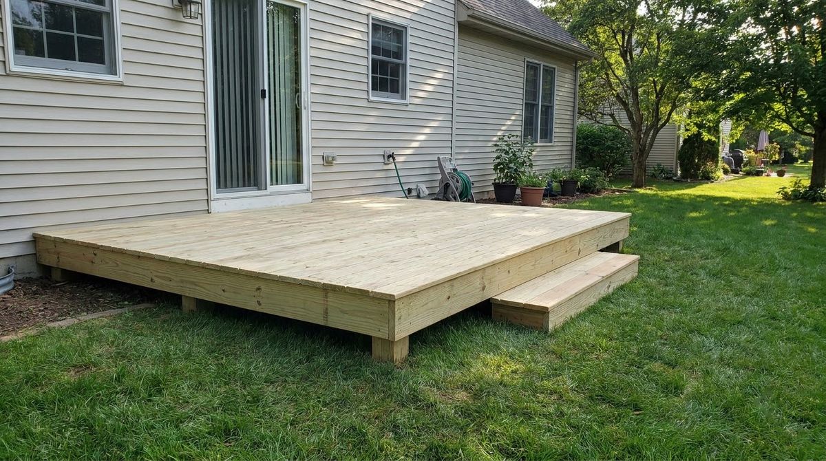 Low ground-level wood platform deck one step below a back door without railing