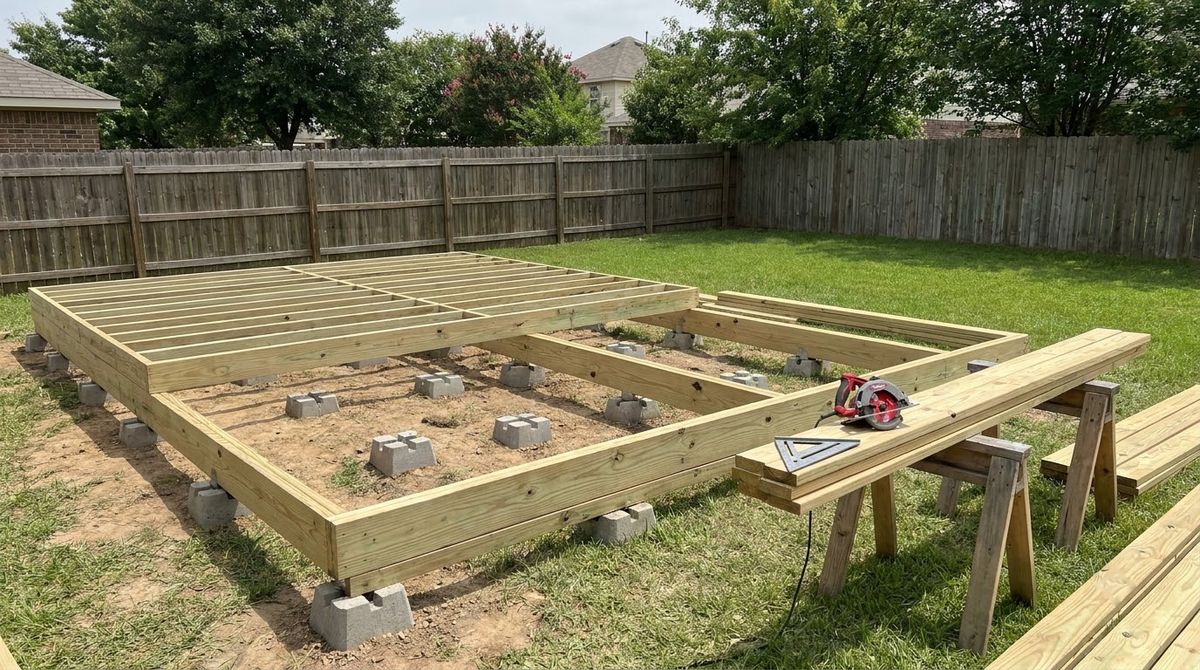 Pressure-treated deck joist frame on concrete deck blocks with a saw on a sawhorse