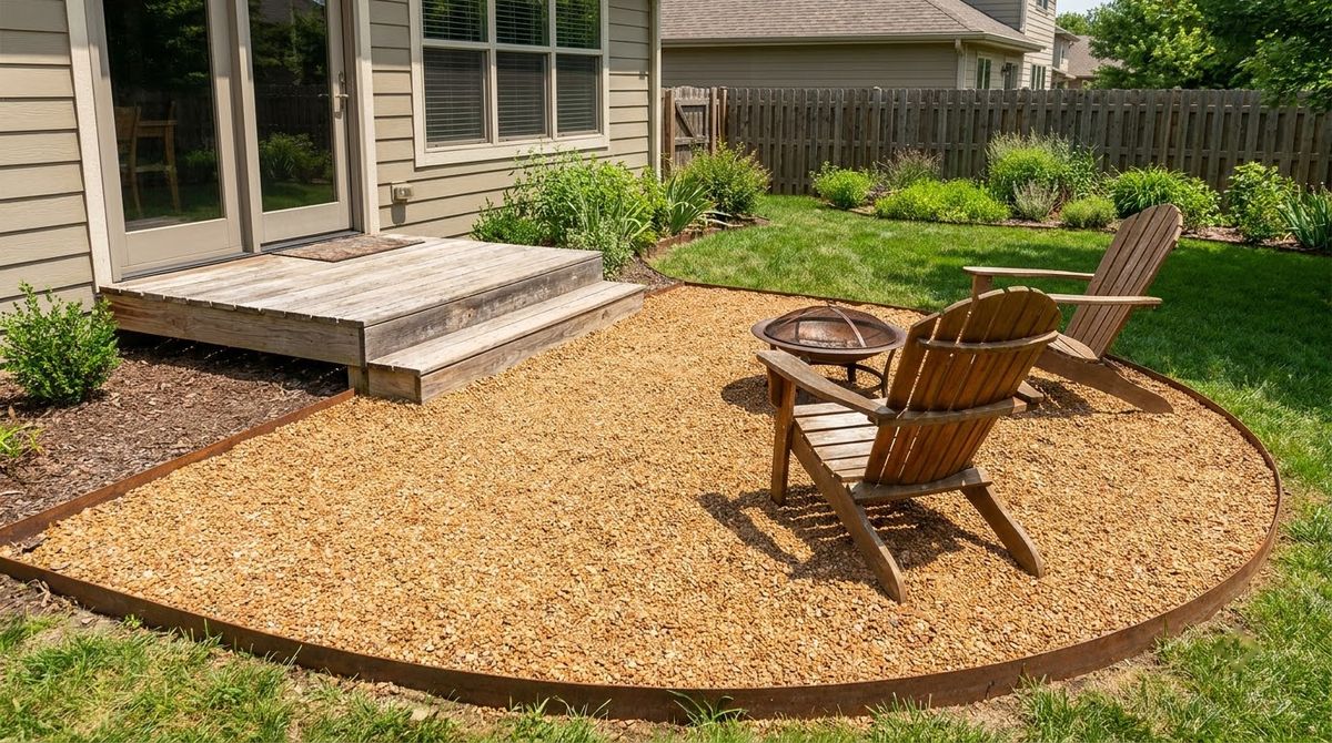 Small wood deck at a back door next to a pea gravel area with chairs