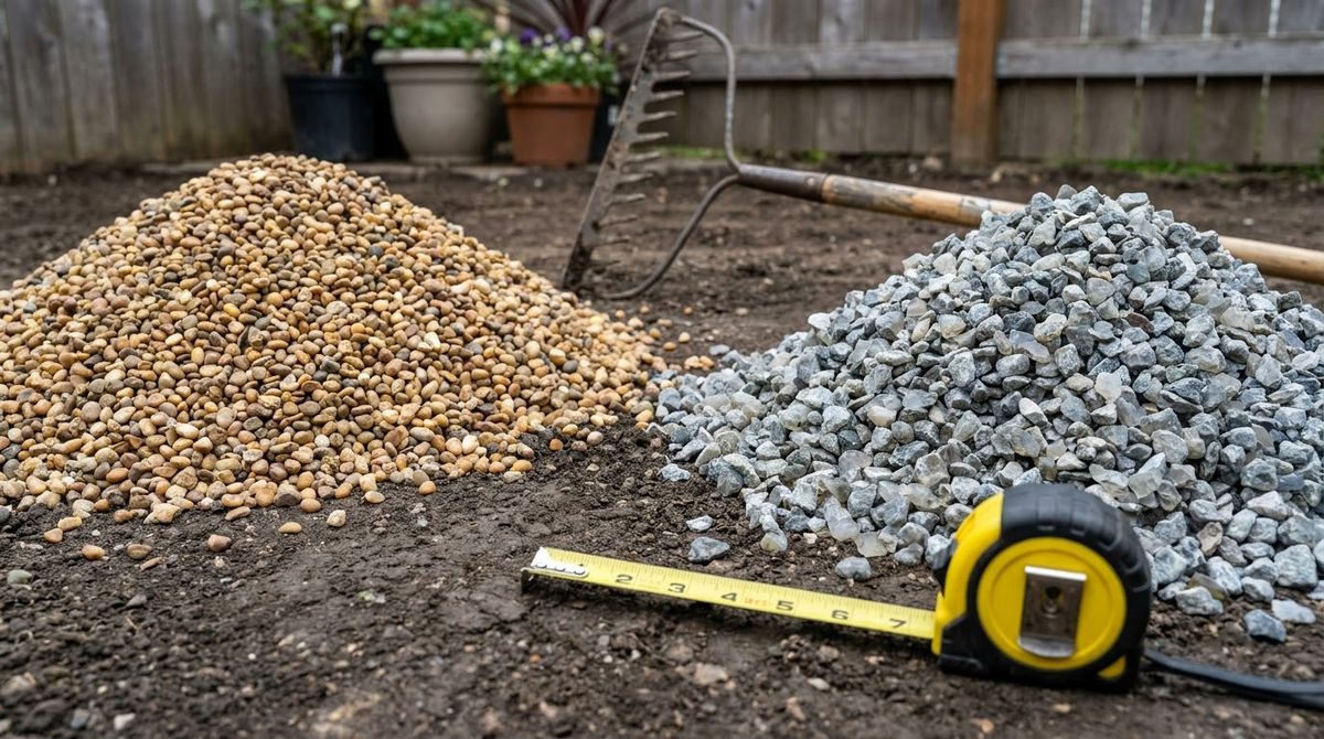 Side-by-side piles of smooth round pea gravel and angular clear crushed stone on a patio