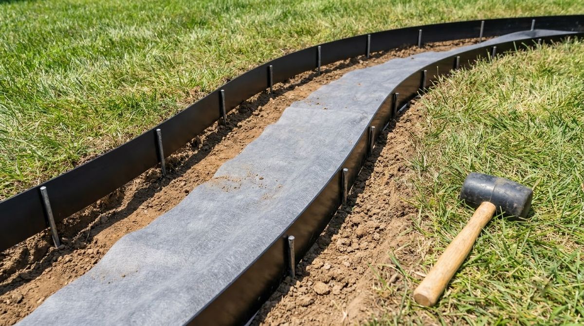 Black aluminum landscape edging staked along a curved excavated patio edge beside lawn