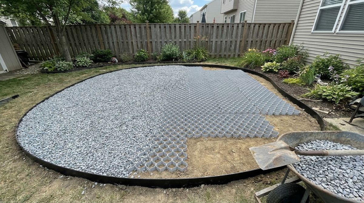 Gray honeycomb gravel stabilizer grid half filled with crushed stone on a patio base