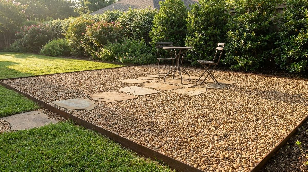 Finished pea gravel patio with flagstone stepping stones leading from lawn to a bistro table