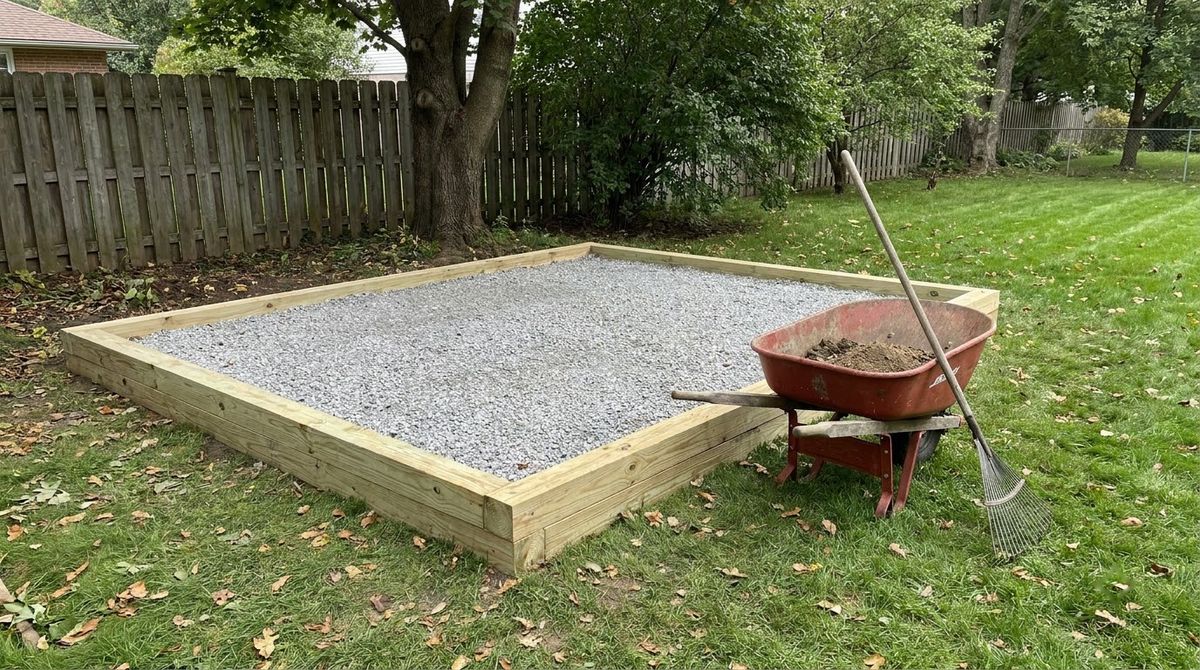 Leveled gravel pad framed with treated timbers ready for a storage shed delivery