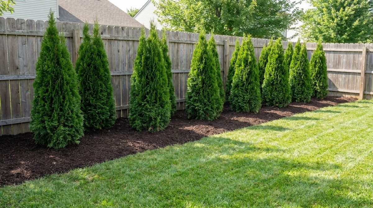 Row of tall Green Giant arborvitae planted well in front of a wood privacy fence