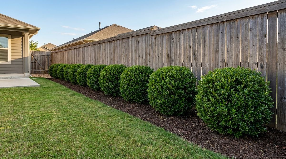 Low rounded dwarf yaupon holly hedge planted in a mulch bed along a wood fence