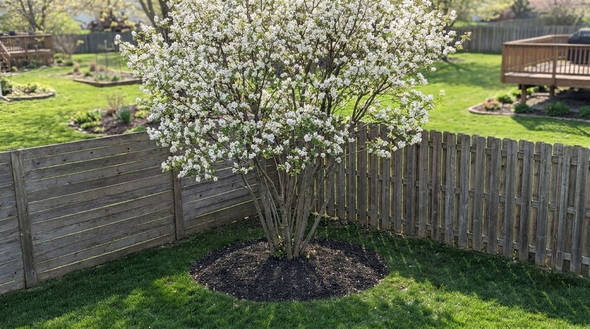 Serviceberry tree in white spring bloom planted in the corner of a fenced backyard