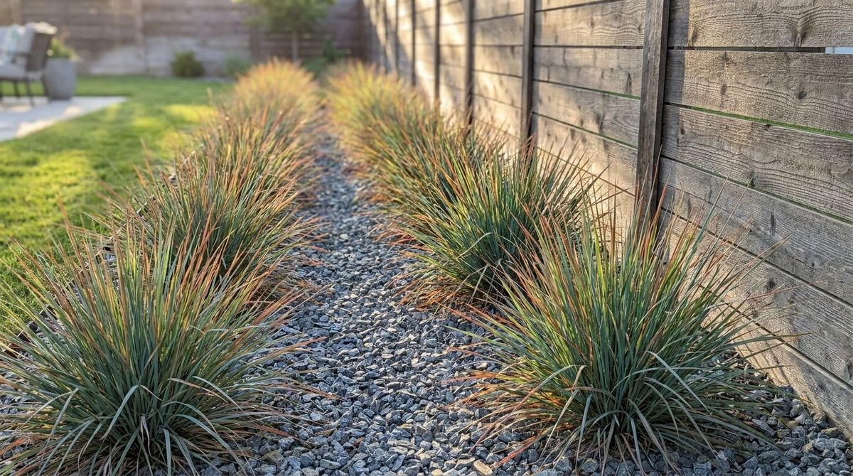 Clumps of little bluestem grass in a narrow sunny strip along a backyard fence