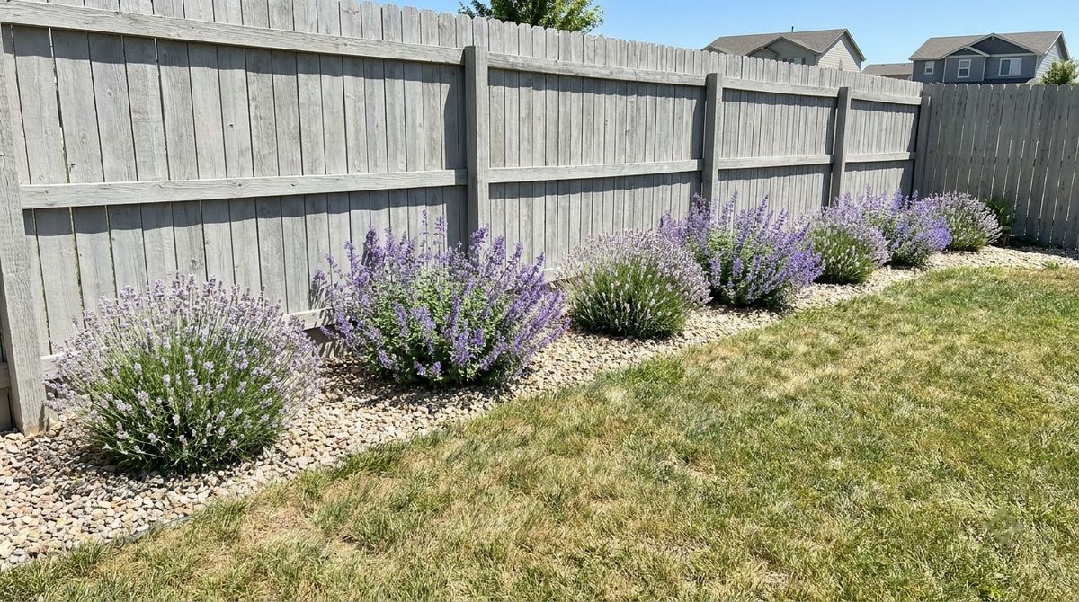 Lavender and blue catmint planted in a sunny, well-drained strip along a fence