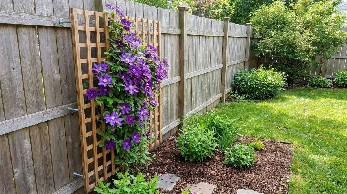 Purple clematis climbing a trellis mounted a few inches off a wood fence