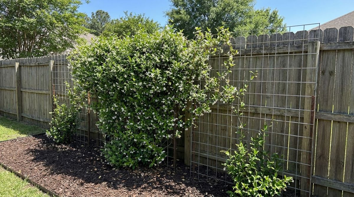 Star jasmine with white flowers covering a trellis in front of a backyard fence