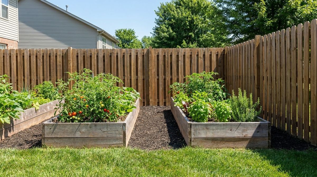 Wood raised garden beds set parallel to a fence with a mulch path behind