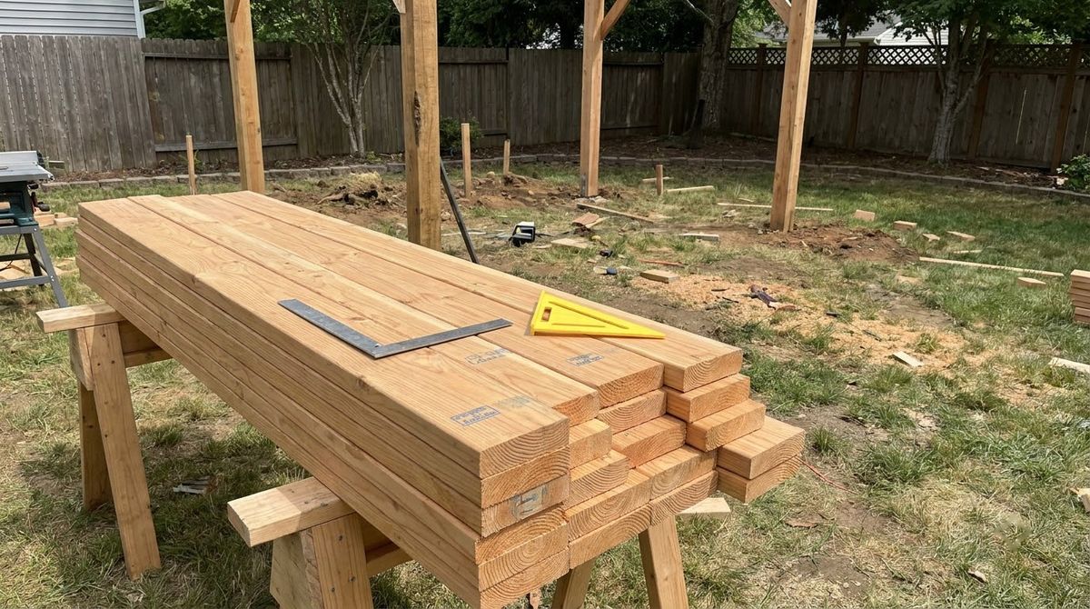 Stacked 2x6 and 2x8 lumber with grade stamps beside a gazebo frame under construction