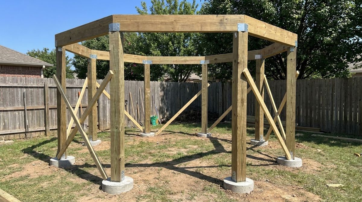 Eight wood posts on concrete footings joined by a mitered octagonal beam ring