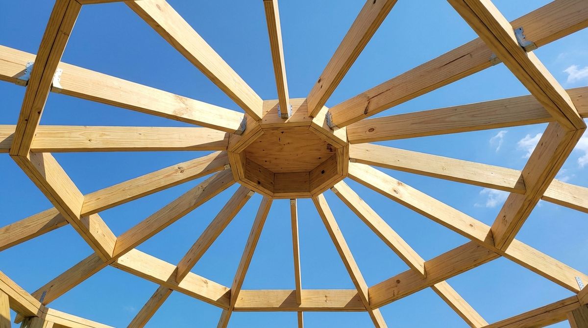 Octagonal wood hub at the gazebo peak with eight common rafters meeting it