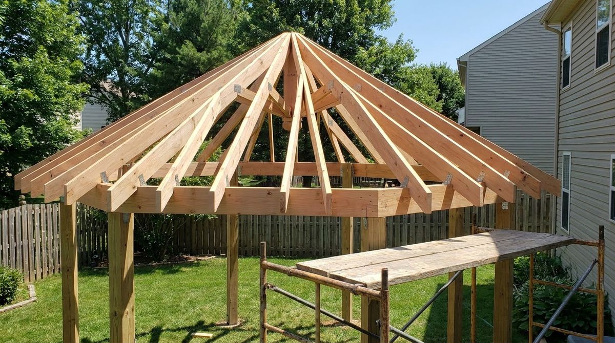 Fully framed octagonal gazebo roof with hip rafters and short jack rafters