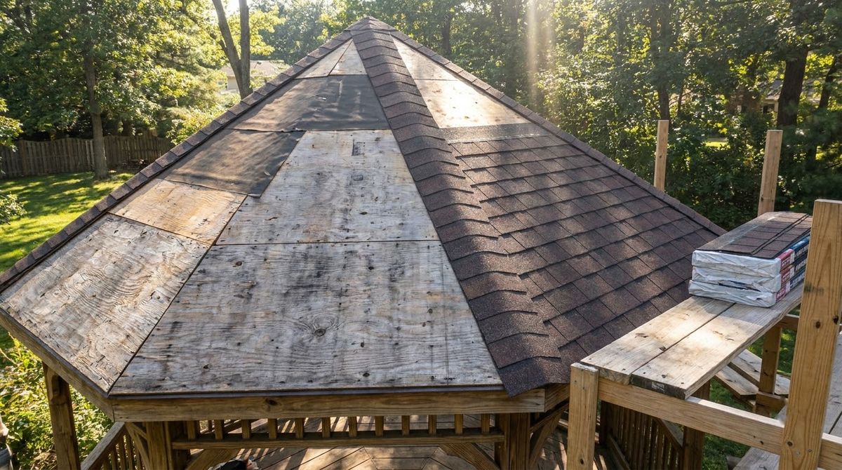 Gazebo roof partly covered in plywood sheathing and asphalt shingles with hip caps