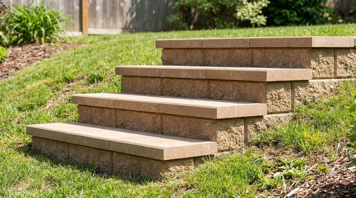 Close side view of block stairs showing equal riser heights and deep cap stone treads