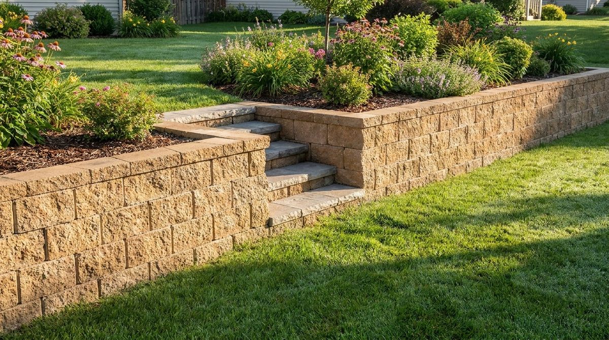 Stairs recessed straight into a tan segmental block retaining wall with vertical sidewalls