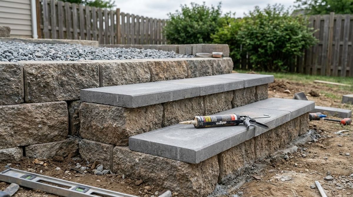 Smooth cap stone treads glued on top of segmental block stair risers