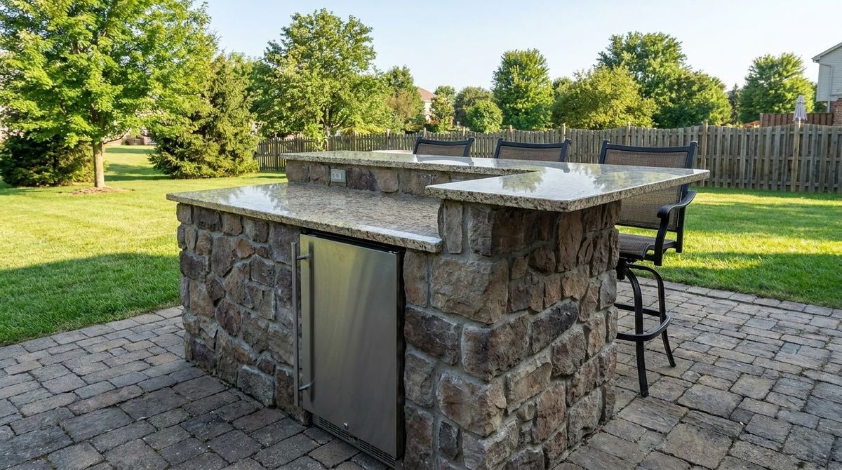 Two-tier outdoor kitchen island with standard counter on the cook side and raised bar top